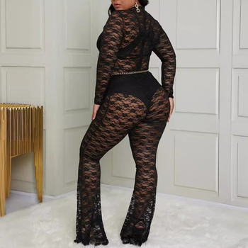 Δαντελένιο ολόσωμο jumpsuit με διαφανές σχέδιο και bell-bottom παντελόνια, υψηλή μέση