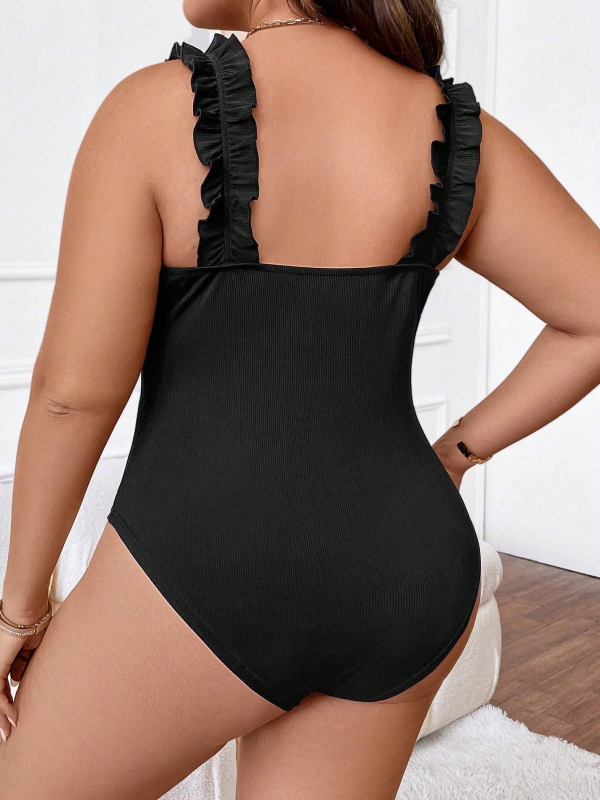 Nélküli ujjú overál volánnal, középmagas derék, háromnegyedes nadrág, kötött poliészter/spandex anyag, közepes vastagság, lazább japán-koreai szabadidős stílus