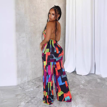 Viniya Ženski jumpsuit – ispis, križni halter, otvorena leđa, elastičan uski kroj, Milk Silk poliester