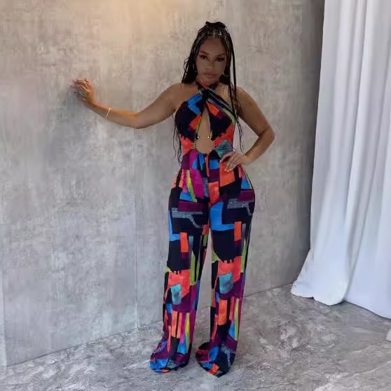 Viniya Ženski jumpsuit – ispis, križni halter, otvorena leđa, elastičan uski kroj, Milk Silk poliester