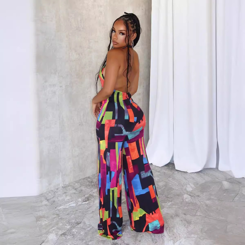 Viniya Ženski jumpsuit – ispis, križni halter, otvorena leđa, elastičan uski kroj, Milk Silk poliester
