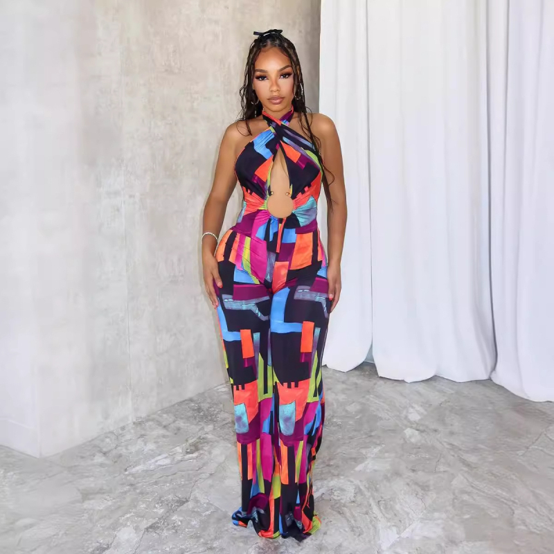 Viniya Ženski jumpsuit – ispis, križni halter, otvorena leđa, elastičan uski kroj, Milk Silk poliester