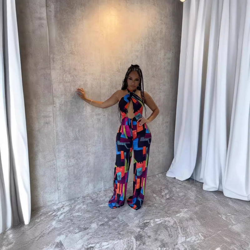 Viniya Ženski jumpsuit – ispis, križni halter, otvorena leđa, elastičan uski kroj, Milk Silk poliester