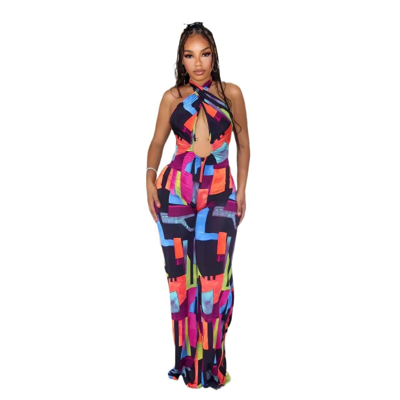Viniya Ženski jumpsuit – ispis, križni halter, otvorena leđa, elastičan uski kroj, Milk Silk poliester