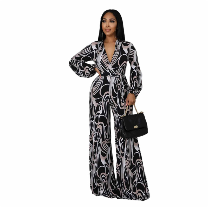 Печатен дамски гащеризон със свободен силует, полиестерова тъкан, талия средна, с широки крака, средна плътност