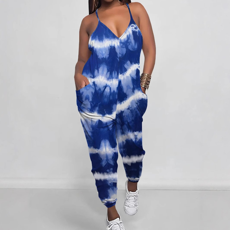 TB6565 Гащеризон от полиестер, презрамки, принт, свободна талия, права кройка