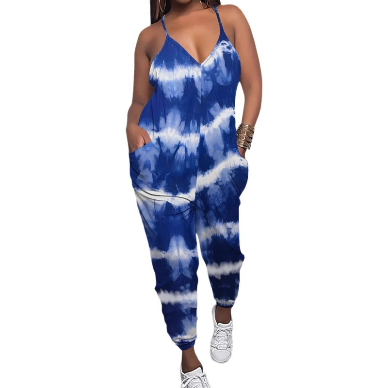 TB6565 Гащеризон от полиестер, презрамки, принт, свободна талия, права кройка