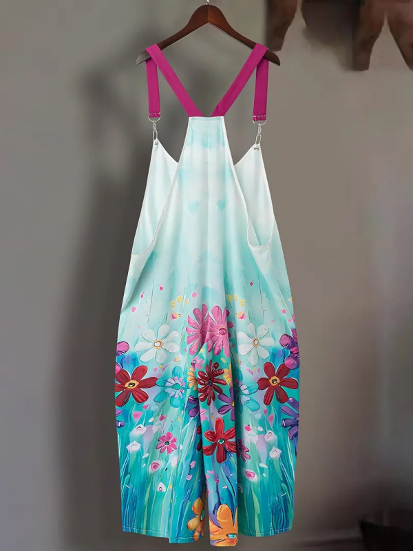 Moterų kombinezonas su gėlių spausdiniu, aukštas liemuo, nugaros petnešos, ilgos kelnės, keturių krypčių elastingumas, poliesteris