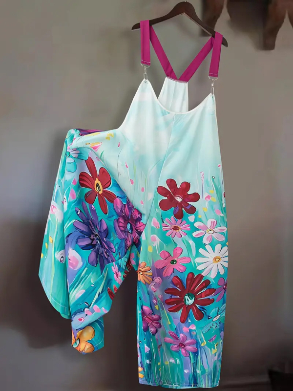 Moterų kombinezonas su gėlių spausdiniu, aukštas liemuo, nugaros petnešos, ilgos kelnės, keturių krypčių elastingumas, poliesteris