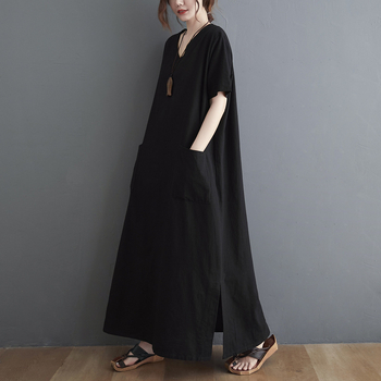 Макси рокля с V-образно деколте, къси ръкави, акрилна тъкан, свободна кройка