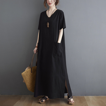 Макси рокля с V-образно деколте, къси ръкави, акрилна тъкан, свободна кройка