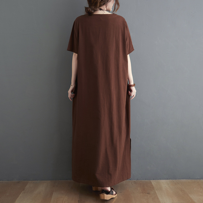 2024 ljeto: Nova umjetnička plus-size haljina s opuštenim krojem, jednofarbna, V izrez, kratki rukavi, duga haljina za žene