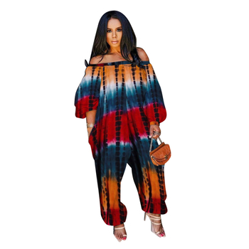 Ολόσωμο με εκτύπωση, γραμμής off-shoulder, με διπλές τσέπες, μακριά μανίκια, πολυεστέρας