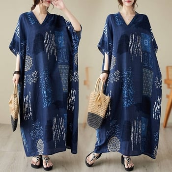 Rochie maxi din bumbac și in pentru plajă, decolteu în V, model abstract, croială A-line