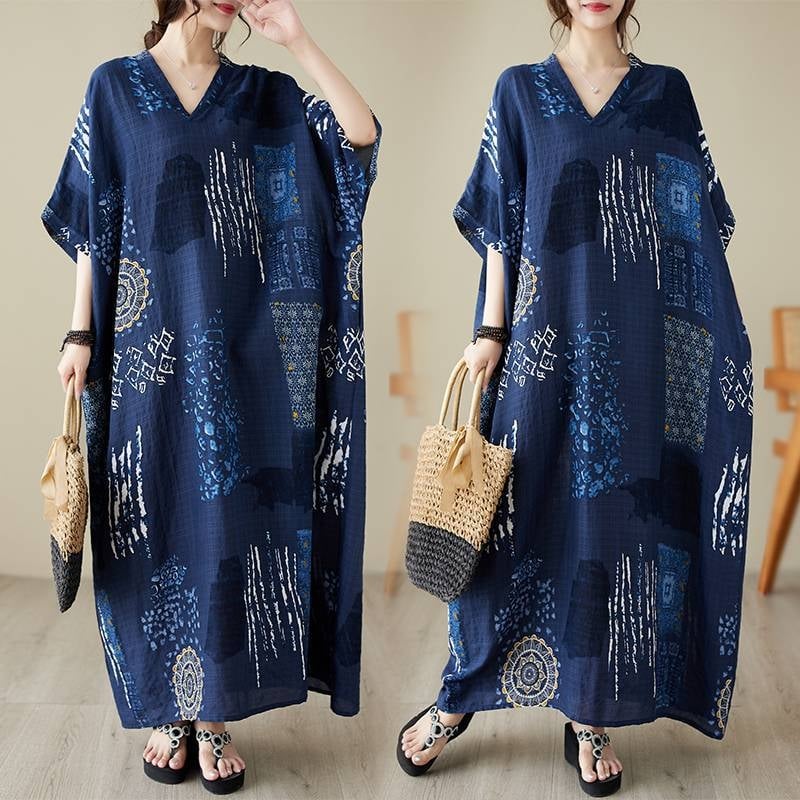 Rochie maxi din bumbac și in pentru plajă, decolteu în V, model abstract, croială A-line