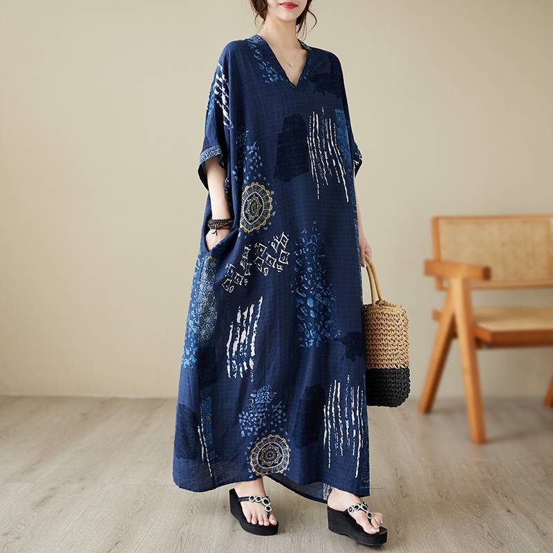 Rochie maxi din bumbac și in pentru plajă, decolteu în V, model abstract, croială A-line