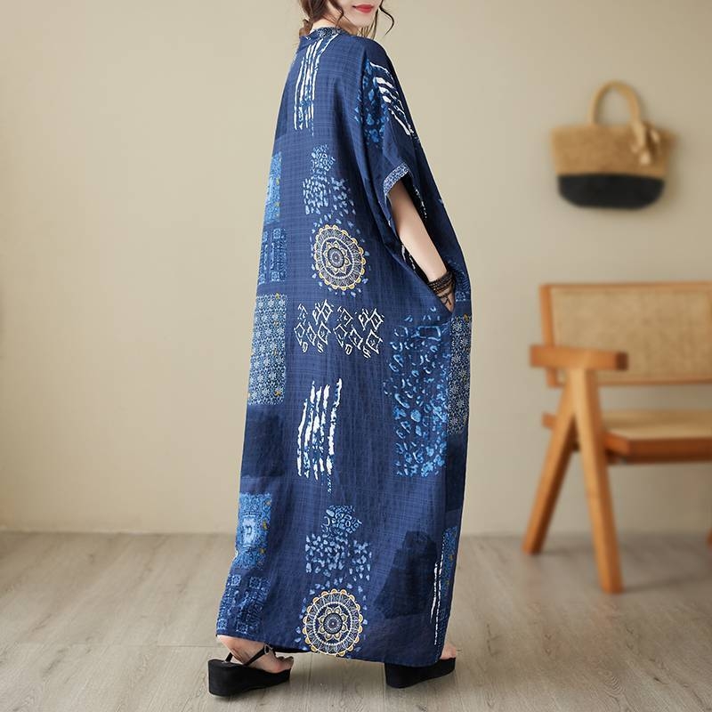 Rochie maxi din bumbac și in pentru plajă, decolteu în V, model abstract, croială A-line