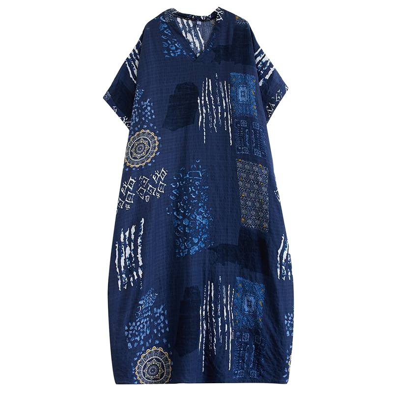 Rochie maxi din bumbac și in pentru plajă, decolteu în V, model abstract, croială A-line