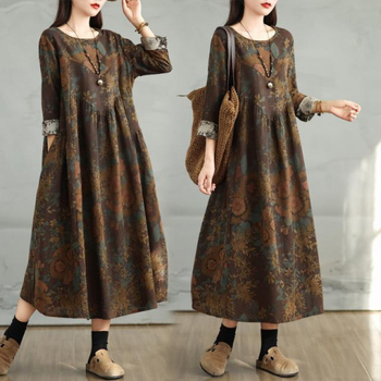 Φόρεμα από κάνναβη με υψηλό γιακά, φτερωτά μακριά μανίκια, μακρύ Α-γραμμής σιλουέτα