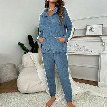 Flanel Pizsama készlet, 100% poliészter, rever gallérral, hosszú ujjú, nadrág