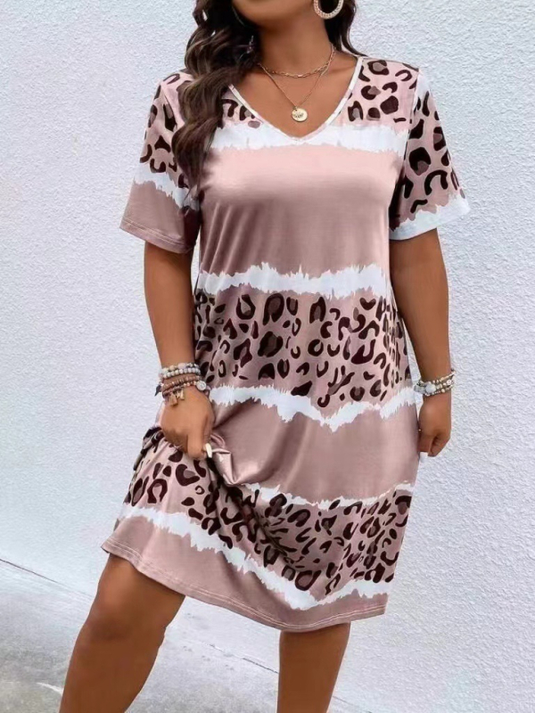 rochie de noapte dintr-o singură bucată cu imprimeu leopard, mâneci scurte, decolteu în V, poliester