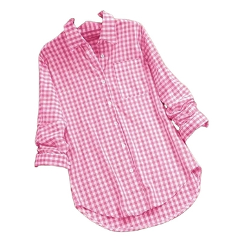 Риза с клетъчен принт, яка поло, дълги ръкави, свободна кройка