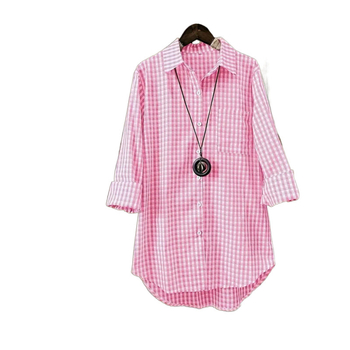 Риза с клетъчен принт, яка поло, дълги ръкави, свободна кройка