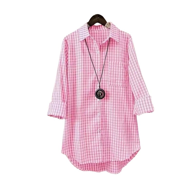 Риза с клетъчен принт, яка поло, дълги ръкави, свободна кройка