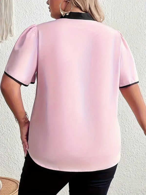 Bluza s blok bojom i vezom sprijeda, V-izrez, kratki rukavi s listovima lotosa, tkanina poliester