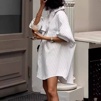 Женска риза с райе принт, стил кардиган, свободен крой, 3/4 ръкав, лапел яка, полиестер