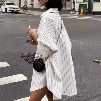 Женска риза с райе принт, стил кардиган, свободен крой, 3/4 ръкав, лапел яка, полиестер