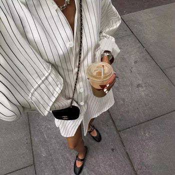 Женска риза с райе принт, стил кардиган, свободен крой, 3/4 ръкав, лапел яка, полиестер