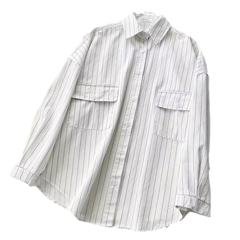 Женска риза с райе принт, стил кардиган, свободен крой, 3/4 ръкав, лапел яка, полиестер