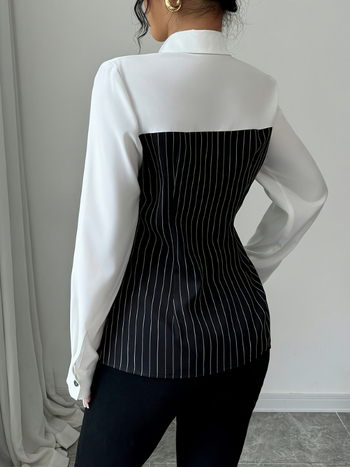 Риза с райета, едноредово закопчаване, ревери, полиестер ≥95%, дълги ръкави