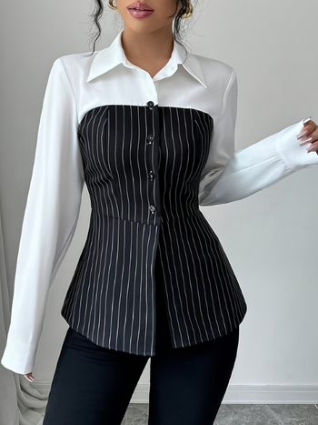 Риза с райета, едноредово закопчаване, ревери, полиестер ≥95%, дълги ръкави