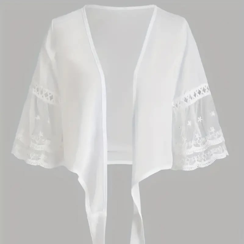 Moterų pliažo kardiganas su nėrinių įdėklu ir saulės apsauga; poliesterio audinys, 100% poliesterio pamušalas, 71,6 g svoris; tinka moterims nuo 16 iki 60 metų; tinkamas bėgiojimui, fitnesui, plaukiojimui