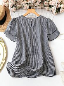 Ženski pulover-top s okruglim izrezom, 3/4 rukavi s volanom poput lotosa, mješavina pamuk-linen s ramije i poliester, standardna duljina 50–65 cm, opušten izgled