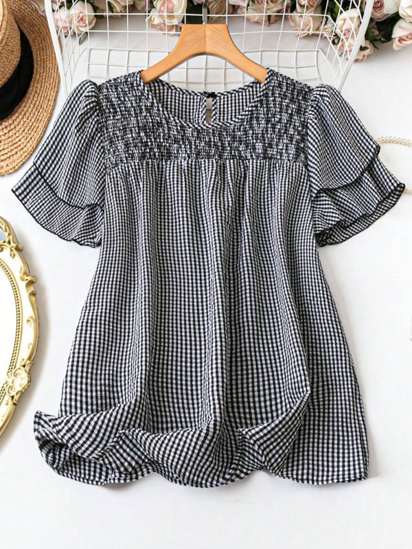 Ženski pulover-top s okruglim izrezom, 3/4 rukavi s volanom poput lotosa, mješavina pamuk-linen s ramije i poliester, standardna duljina 50–65 cm, opušten izgled