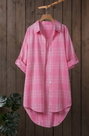 Риза със поло яка, свободен силует, дълги ръкави, шарка райета/решетка