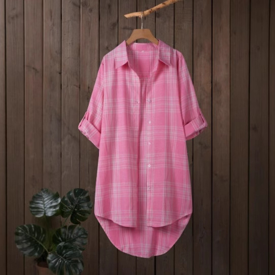 Риза със поло яка, свободен силует, дълги ръкави, шарка райета/решетка