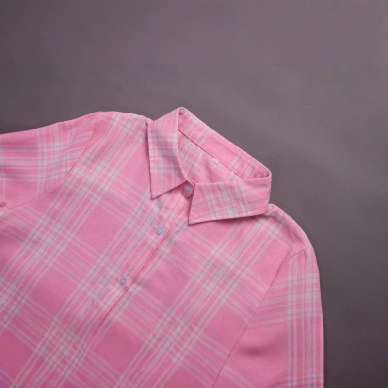 Риза със поло яка, свободен силует, дълги ръкави, шарка райета/решетка