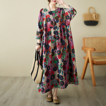2023. jesenska haljina za žene u plus veličini, korejski stil, umjetnički opušten kroj, dugi rukavi, cvjetni otisak, pamuk i lan, IF5009