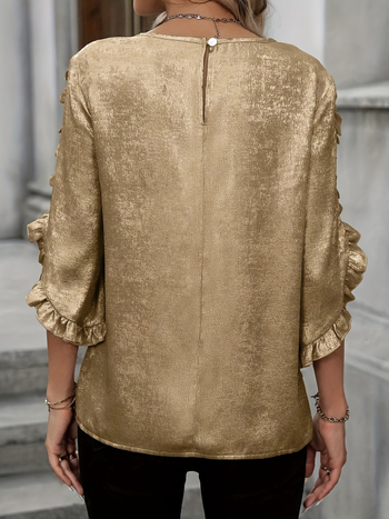 Женска офисна риза: асиметрични ръкави с рюшка, полиестер-еластан смес, 3/4 ръкав, кръгла яка, свободен силует