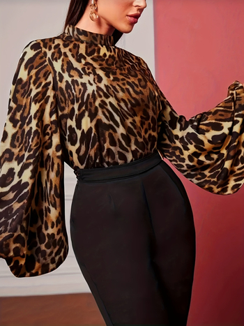 Риза с животински принт, ръкав фен, кръгла яка, планка с едно копче