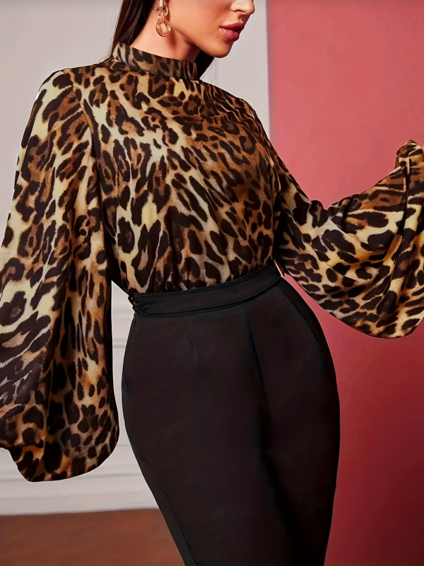 Риза с животински принт, ръкав фен, кръгла яка, планка с едно копче