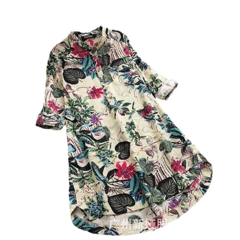 Ленено-памучна риза с принтом, яка-стойка, 3/4 ръкави, свободна кройка