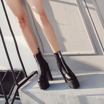 Botine Martin din PU, fermoar frontal, toc înalt 14 cm, gambă scurtă