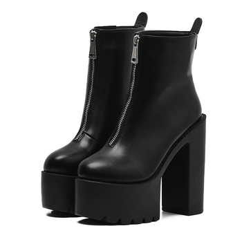 Botine Martin din PU, fermoar frontal, toc înalt 14 cm, gambă scurtă