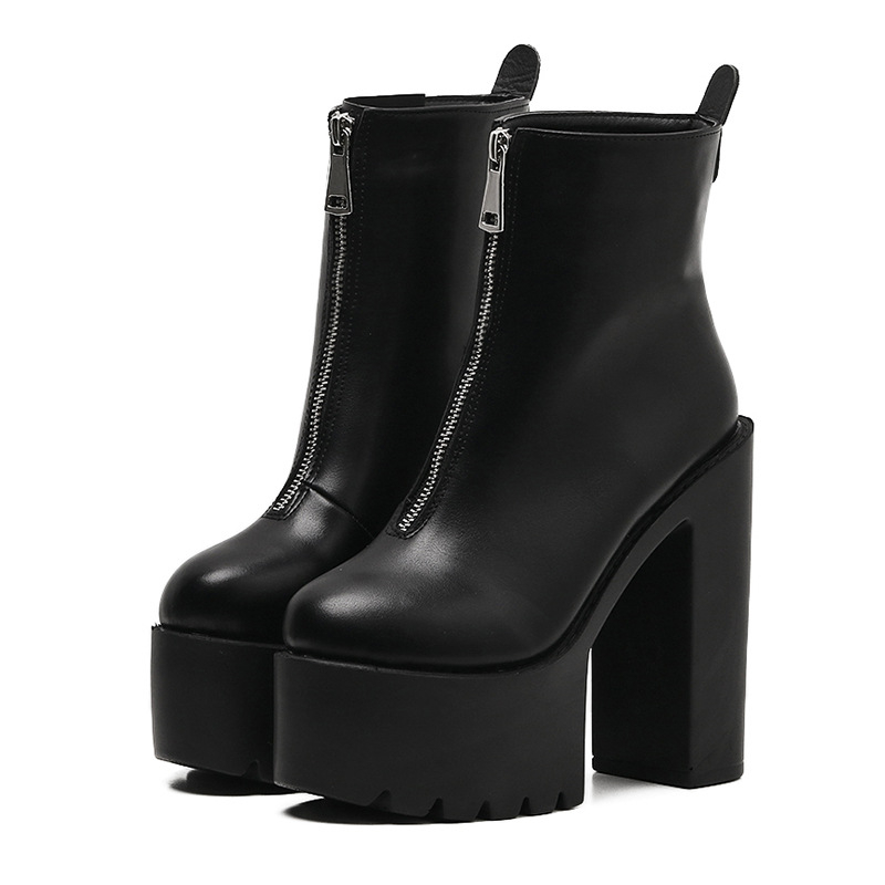 Botine Martin din PU, fermoar frontal, toc înalt 14 cm, gambă scurtă