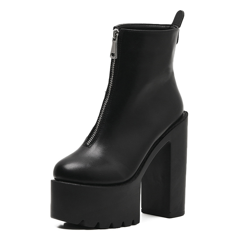 Botine Martin din PU, fermoar frontal, toc înalt 14 cm, gambă scurtă